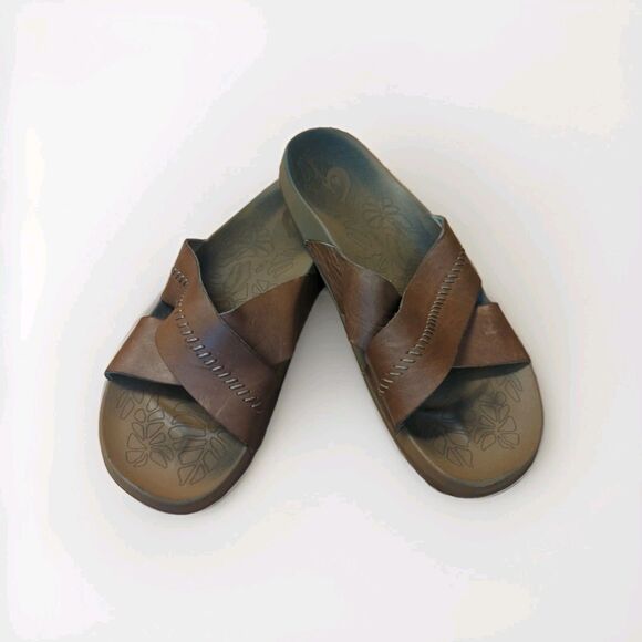 OluKai Kipe’a’Olu Sandals Slides Womens 8 Brown Leather Comfort Summer Beach - Picture 1 of 7